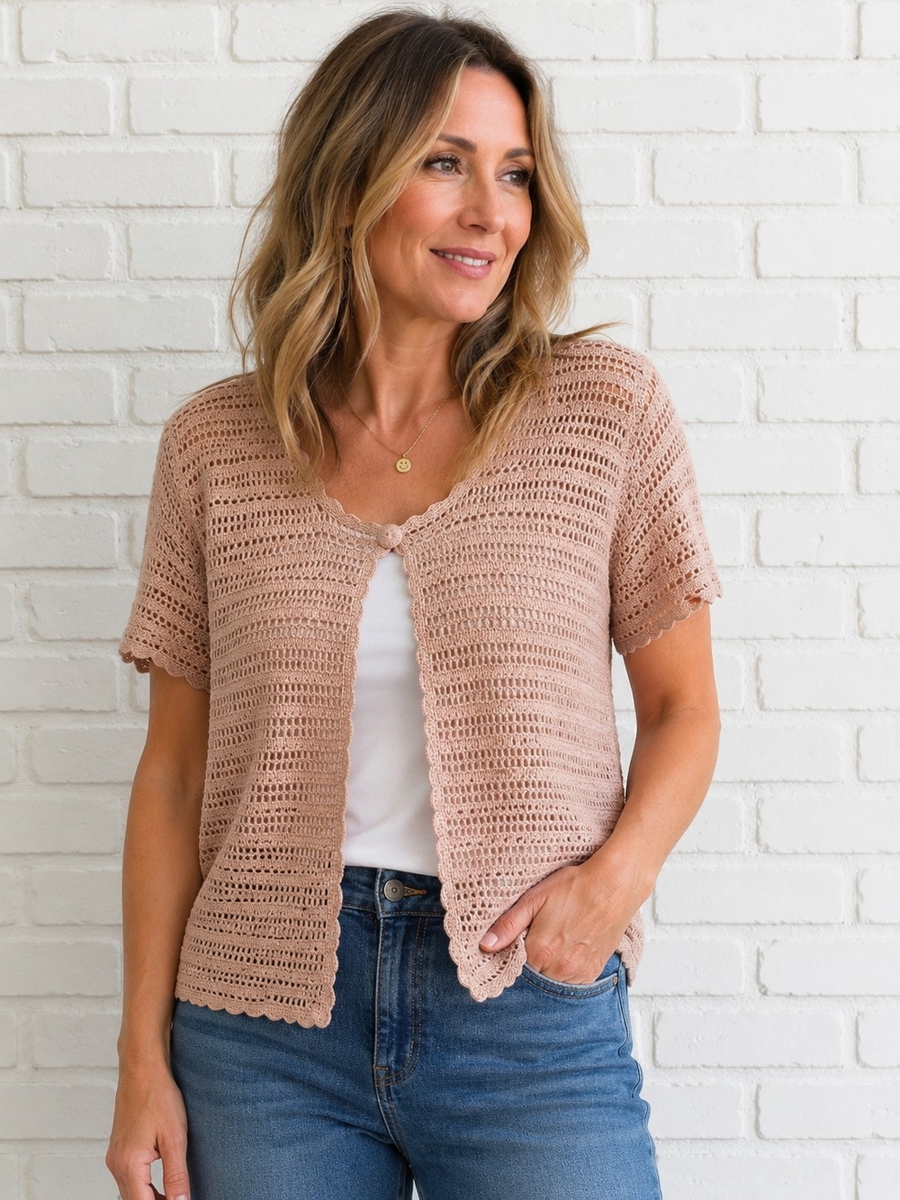 Outfit JPR Crochet Cardigan Sweater Beige Open Knit Boho Cottagecore M